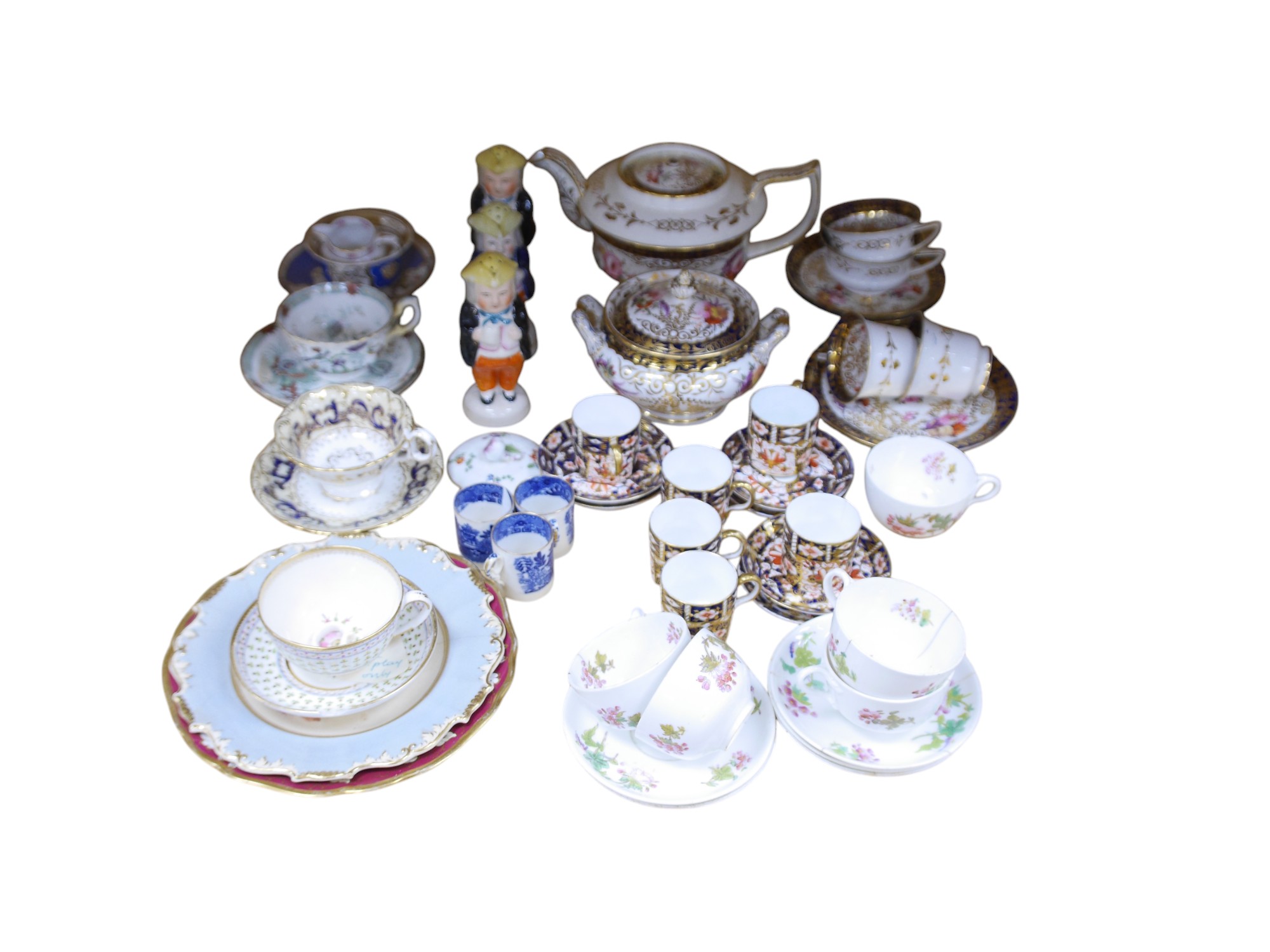 An English part teaset, c.1825 and six Royal Crown Derby coffee cans and saucers etc. Condition - some items cracked chipped and losses to gilding, teapot cover finial broken